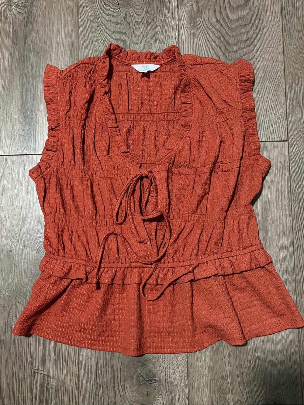 Time and Tru Rust Tie-Front Ruffled Peplum Blouse